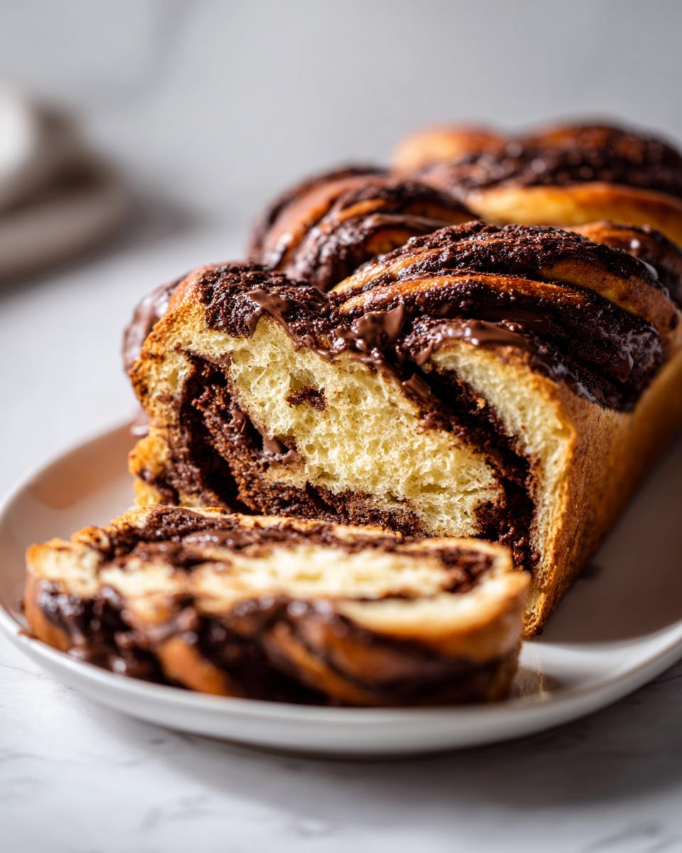 Close-up of a freshly baked chocolate babka loaf, sliced to show the rich, swirled chocolate filling inside.