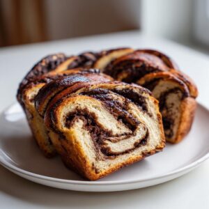 Close-up of a sliced chocolate babka showing rich, swirled layers of dark chocolate filling and soft dough.
