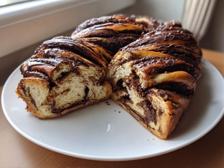 A rich, swirled chocolate babka sliced in half, showing layers of dough and chocolate filling, served on a white plate.