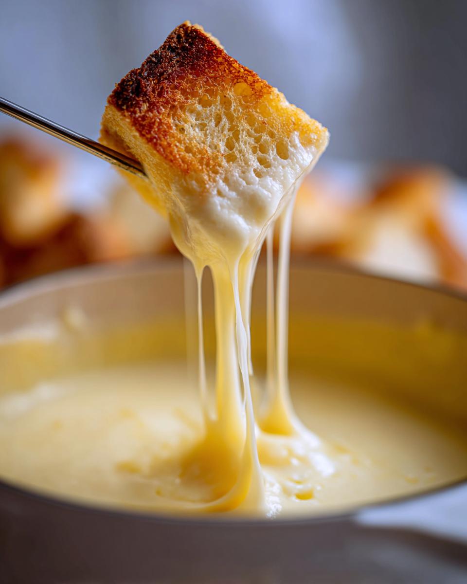 A piece of toasted bread being dipped into hot, stretchy cheese fondue, showing long, gooey cheese pulls.