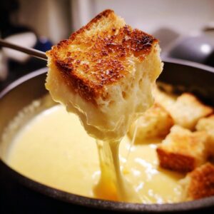 A piece of toasted bread dripping with melted cheese being lifted from a pot of creamy cheese fondue.