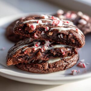 A stack of two fudgy double chocolate peppermint cookies, drizzled with white chocolate and topped with crushed candy canes.