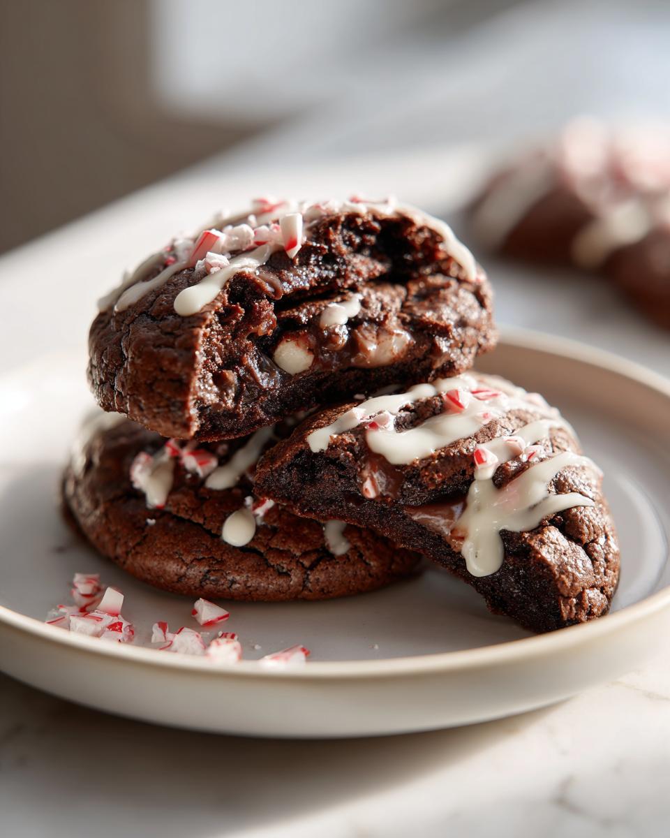 A stack of rich, fudgy double chocolate peppermint cookies drizzled with white chocolate and topped with crushed candy canes.