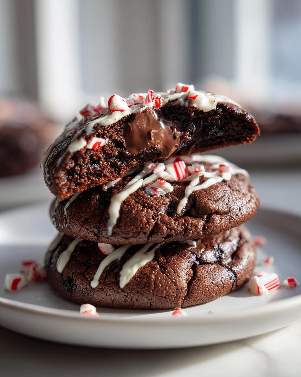 Stack of three double chocolate peppermint cookies, with the top one broken open showing a gooey melted center.