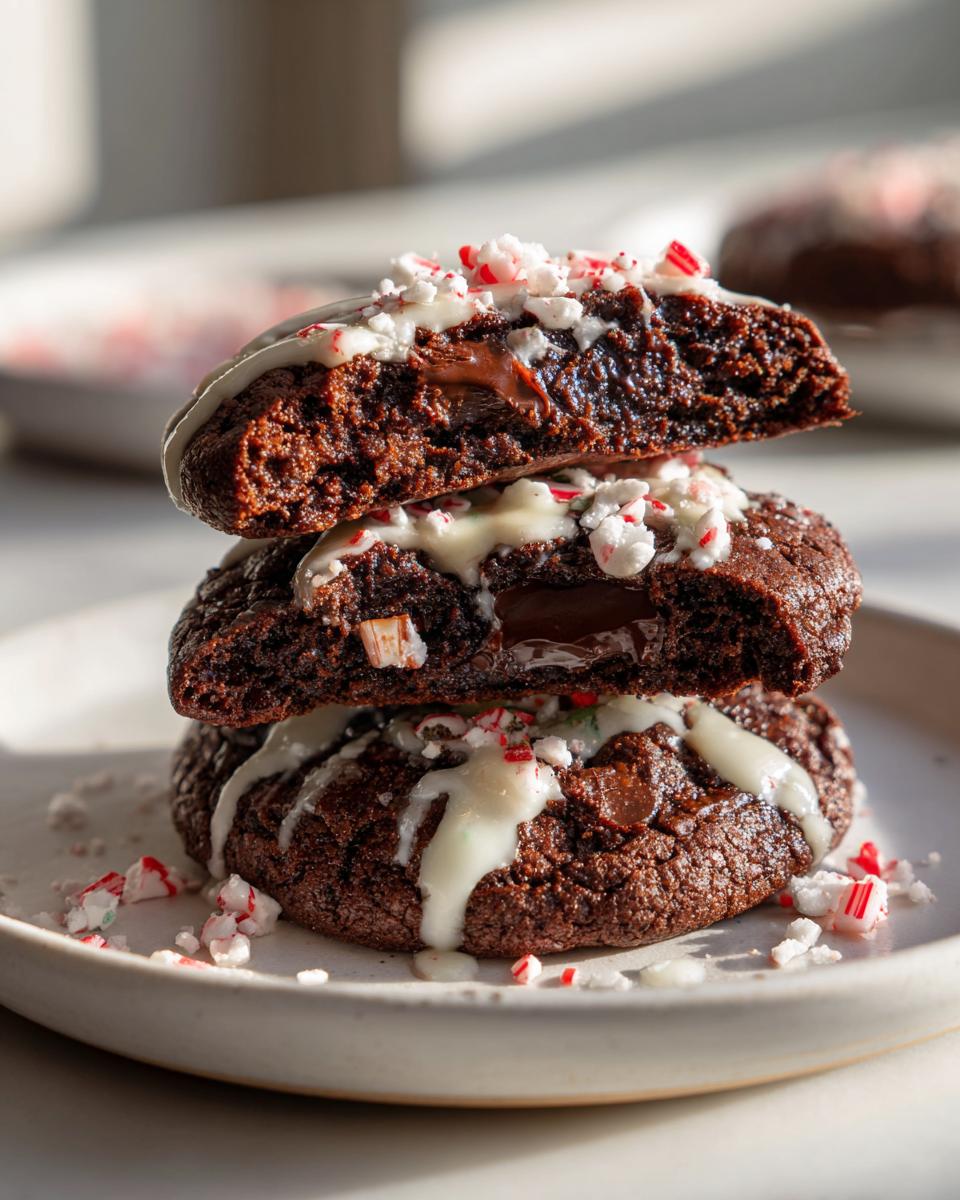 A stack of three rich, fudgy double chocolate peppermint cookies drizzled with white icing and topped with crushed candy canes.