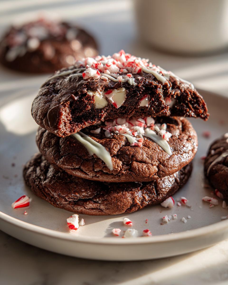 A stack of three rich double chocolate peppermint cookies, the top one broken open to show white chocolate chips inside.