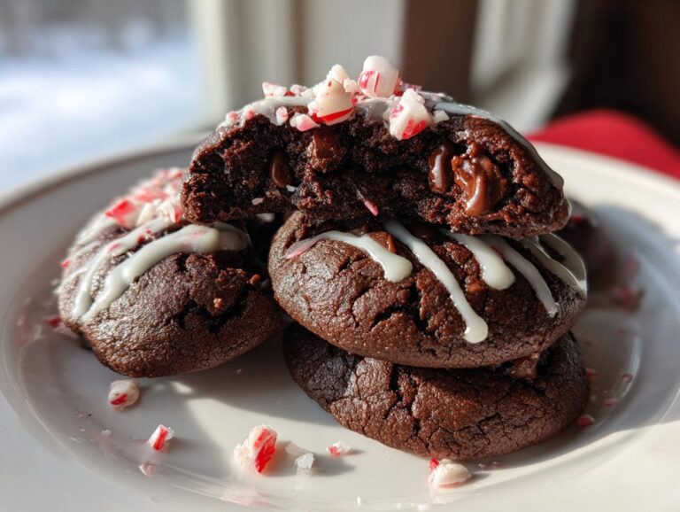A stack of fudgy double chocolate peppermint cookies drizzled with white icing and topped with crushed candy canes.