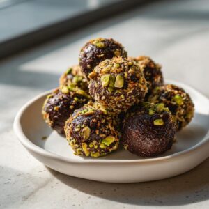 A close-up of several rich, dark Dubai chocolate balls rolled in chopped pistachios and coconut flakes, stacked on a small white dish.