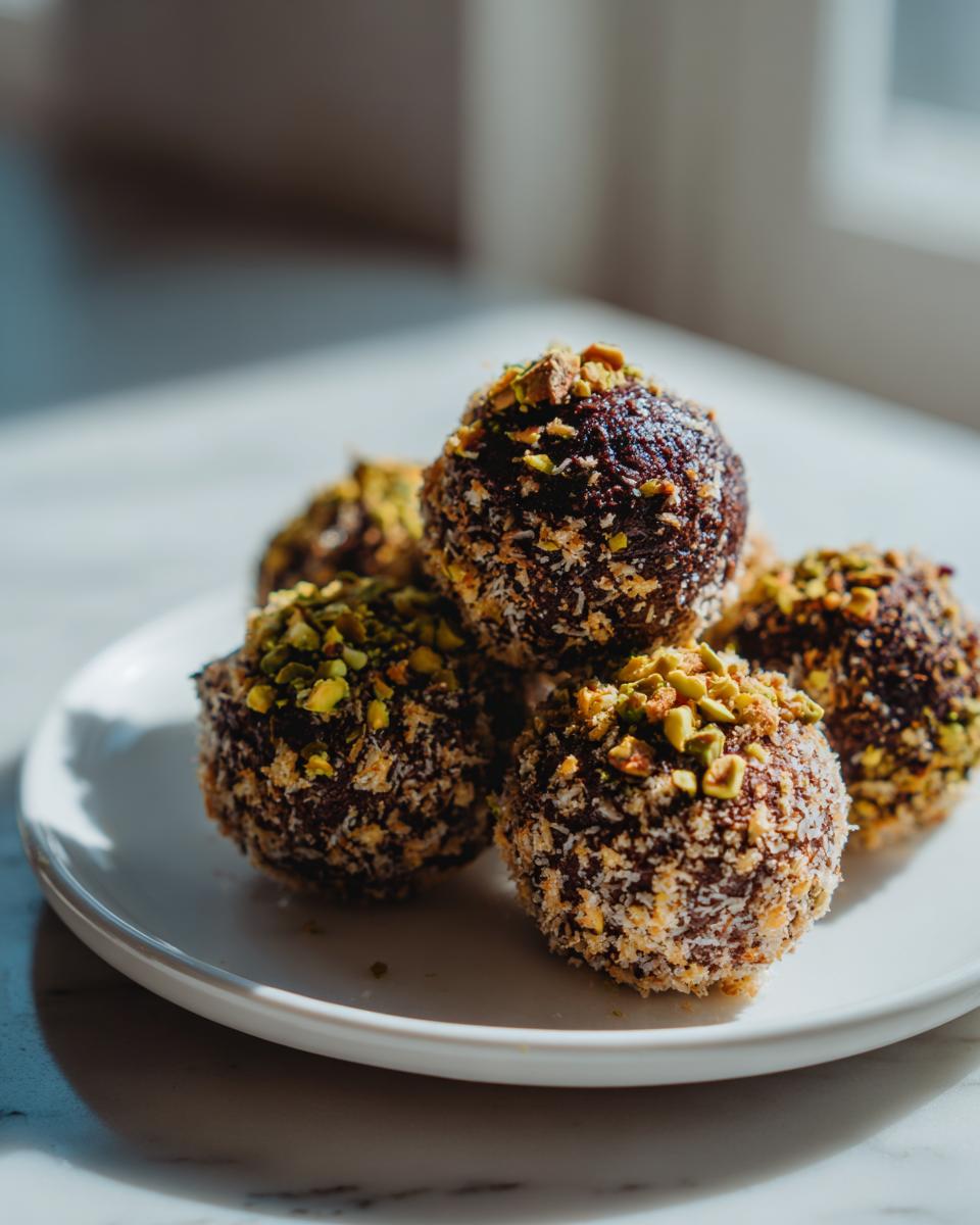 A close-up of several rich, dark Dubai chocolate balls rolled in coconut and topped with chopped green pistachios, served on a white plate.