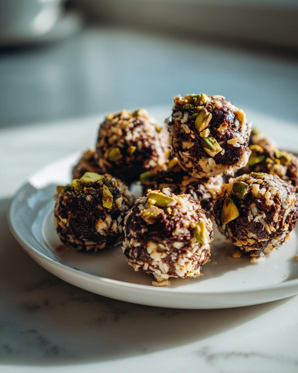 A pile of rich, dark Dubai chocolate balls coated in shredded coconut and chopped pistachios, served on a white plate.