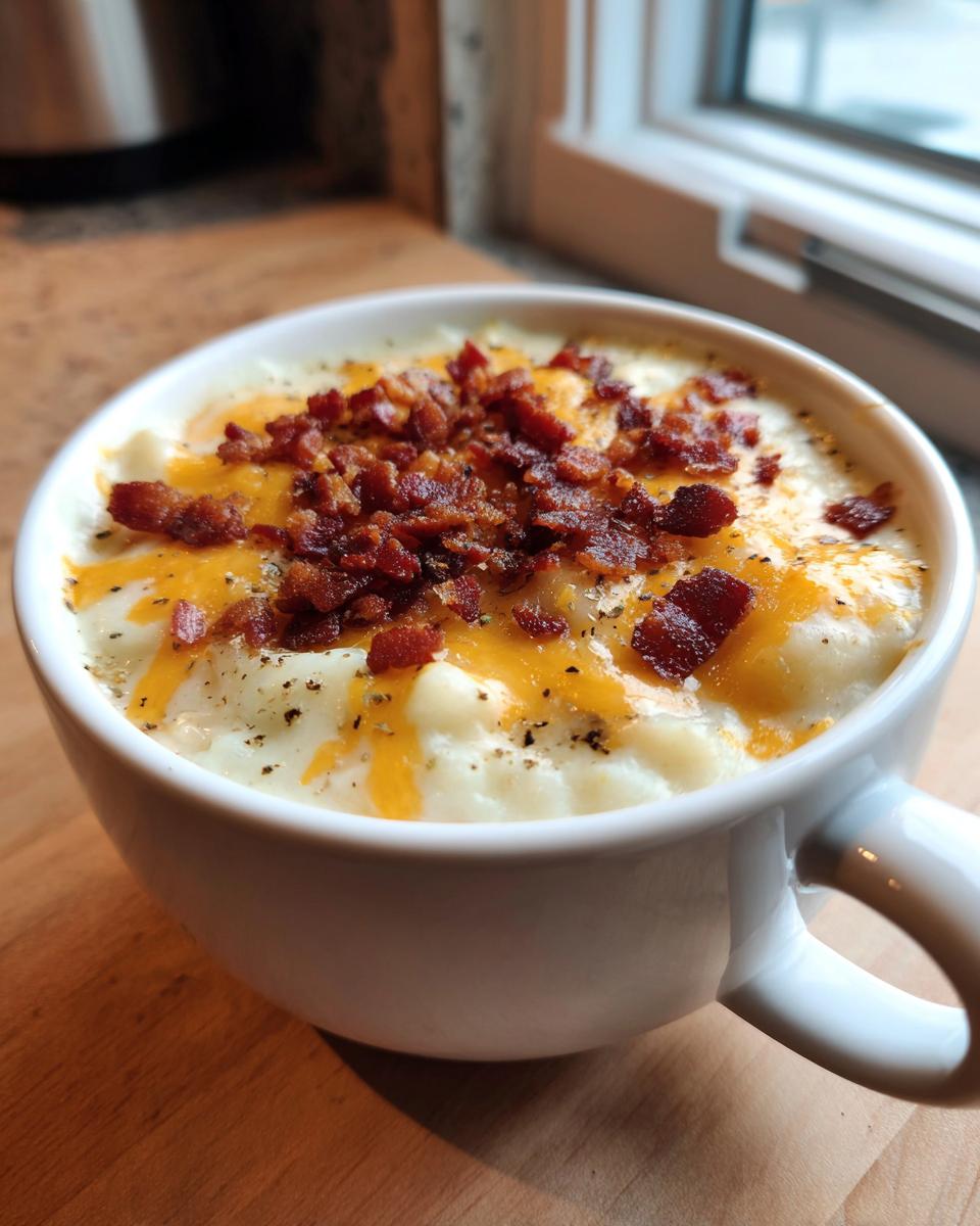 A close-up of a white mug filled with creamy easy crockpot potato soup, topped with melted cheddar cheese and crispy bacon bits.