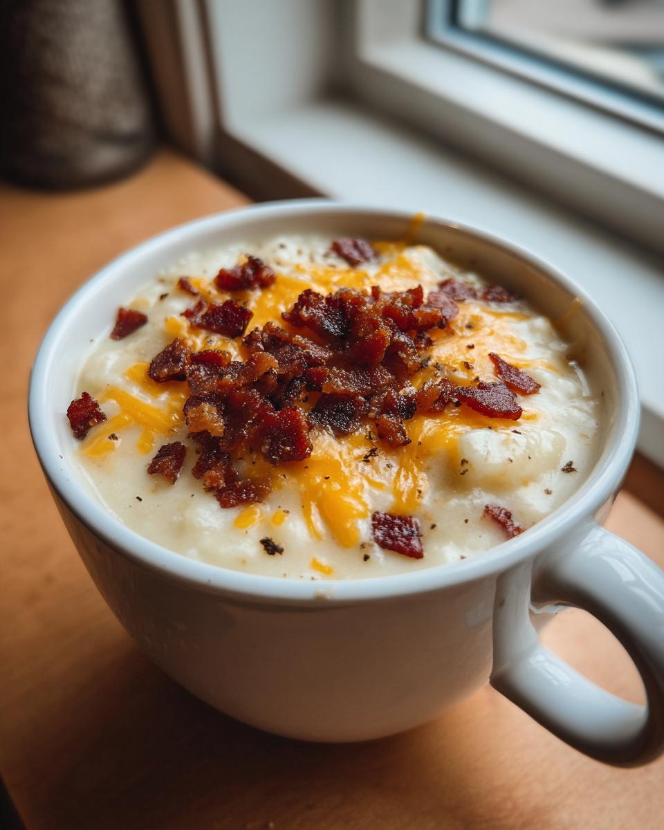 A close-up of a hearty bowl of easy crockpot potato soup topped with melted cheddar cheese and crispy bacon bits.