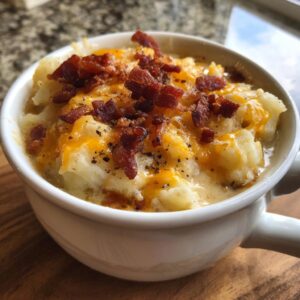 Close-up of thick, creamy easy crockpot potato soup topped with melted cheddar cheese, bacon bits, and black pepper.