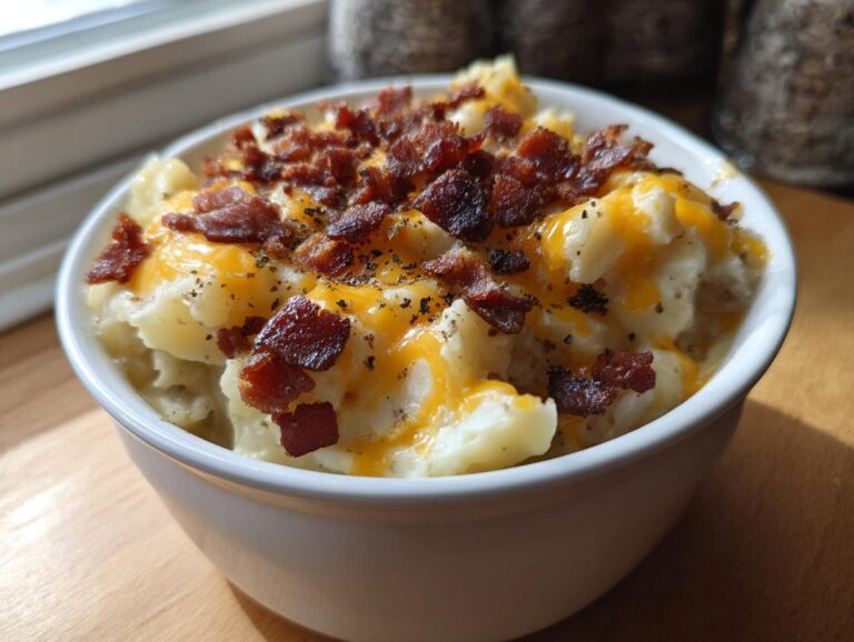 A close-up of a bowl of thick, creamy easy crockpot potato soup topped with melted cheddar cheese, bacon bits, and black pepper.
