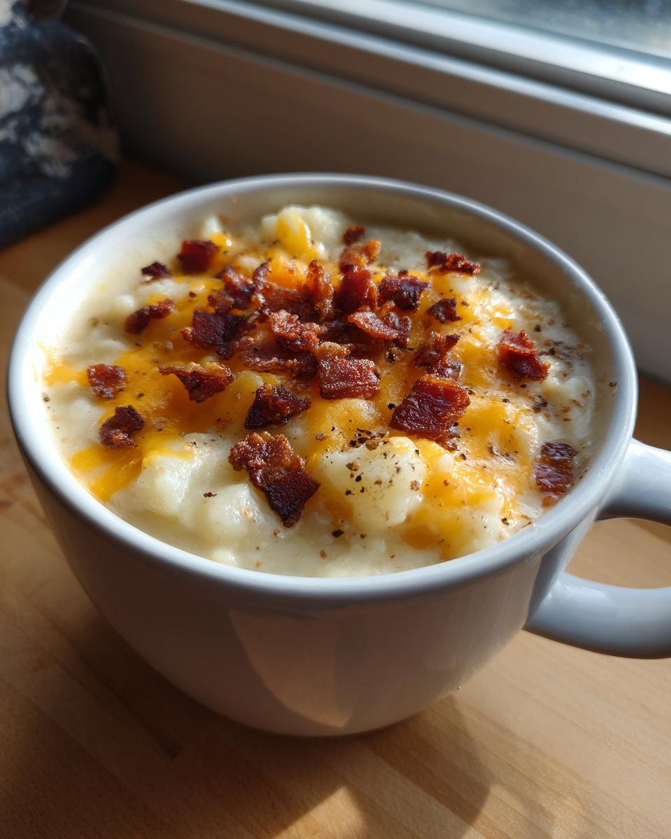 A close-up of a white mug filled with thick, creamy easy crockpot potato soup, topped with melted cheddar cheese and crispy bacon bits.