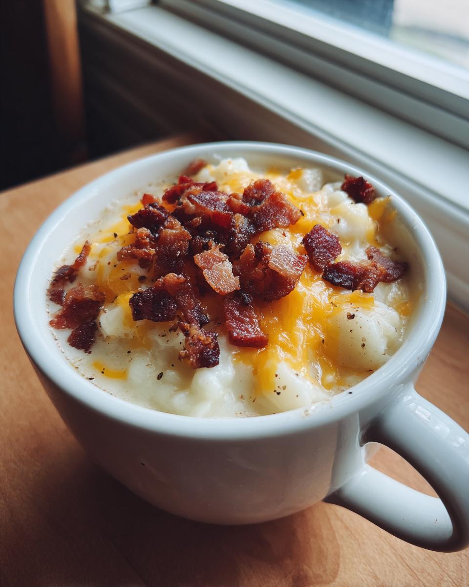 Close-up of creamy easy crockpot potato soup topped with melted cheddar cheese and crispy bacon bits in a white mug.