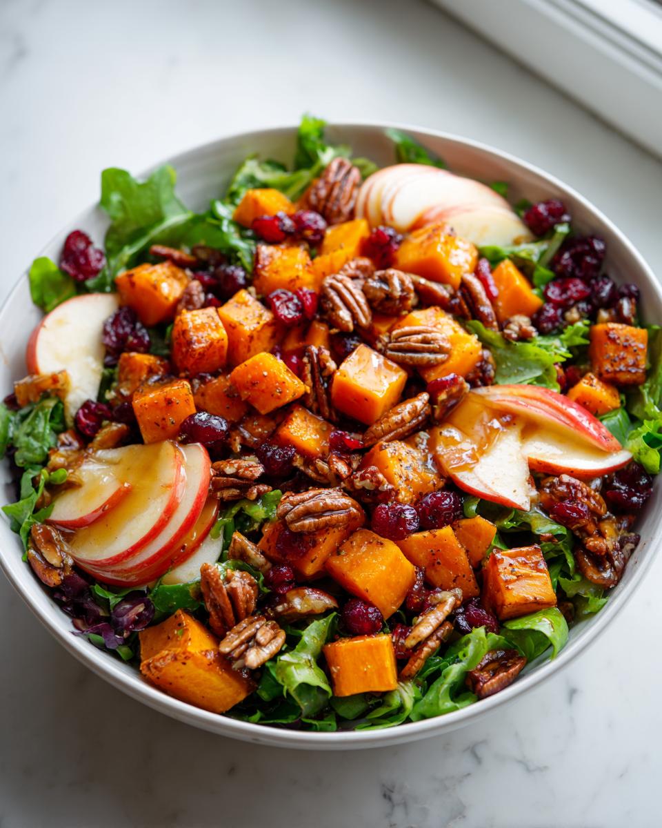 Close-up of a vibrant fall harvest salad featuring roasted butternut squash, pecans, dried cranberries, and apple slices over greens.