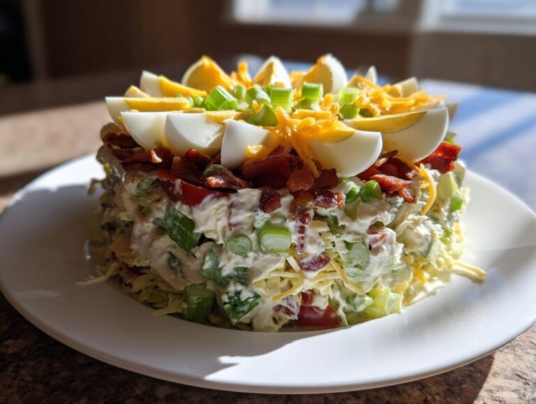 A tall, molded serving of 7 layer salad topped with hard-boiled eggs, bacon, and cheese.