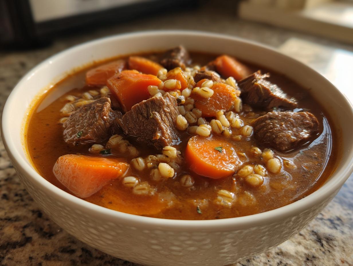 Close-up of a white bowl filled with rich, savory beef barley soup, featuring chunks of beef, bright orange carrots, and plump barley.
