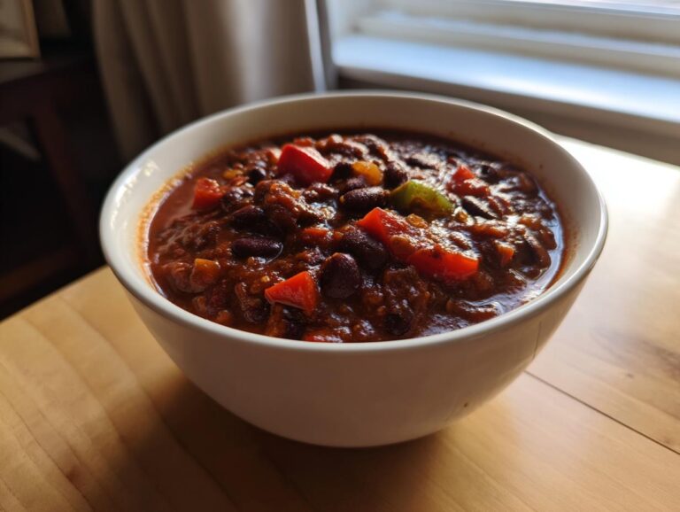 A close-up of a white bowl filled with rich, thick black bean chili topped with chunks of red and green peppers.