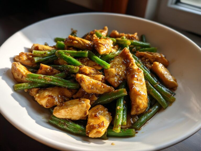 Close-up of a white bowl filled with glossy, saucy chicken and green beans, perfect for a 30-min chicken and green beans feast.
