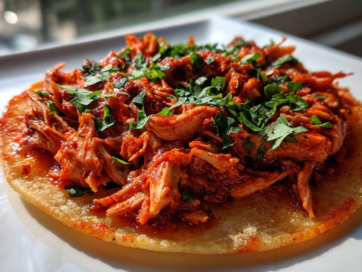 Close-up of shredded chicken tinga in rich red sauce piled high on a crispy tortilla, garnished with fresh cilantro.