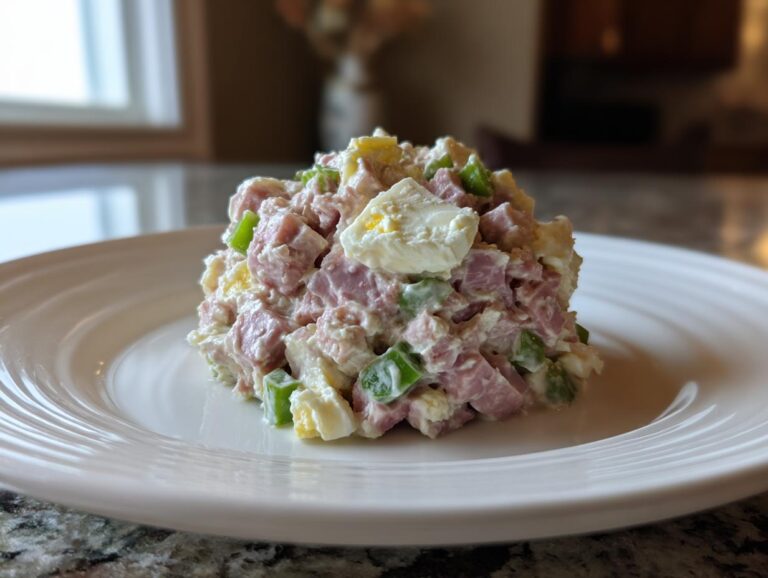 A scoop of creamy ham salad recipe mixed with chopped eggs and green peppers served on a white plate.