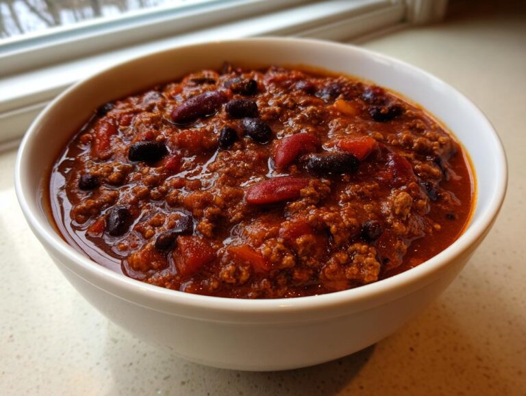 Close-up of a white bowl filled with rich, thick high protein chili featuring ground meat, kidney beans, and black beans.