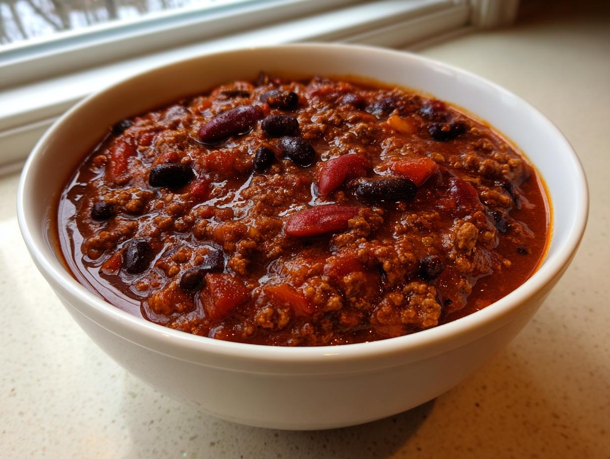 Close-up of a white bowl filled with rich, thick high protein chili featuring ground meat, kidney beans, and black beans.