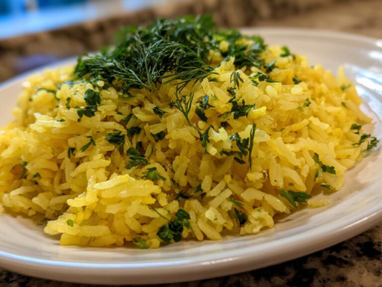Close-up of fluffy, yellow mediterranean rice seasoned with chopped parsley and topped with fresh dill.