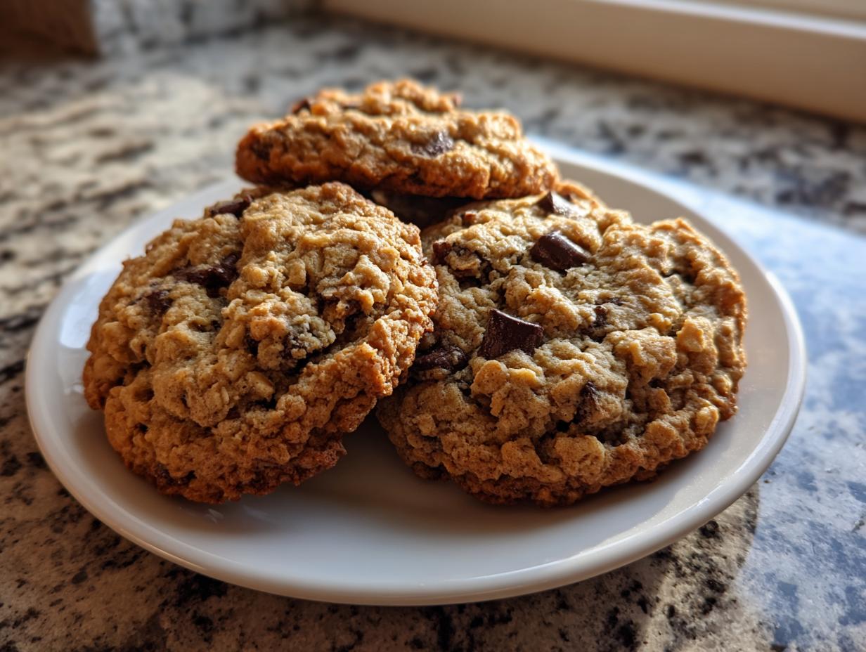 Close-up of three chewy chocolate chip oatmeal cookies stacked slightly on a white plate.