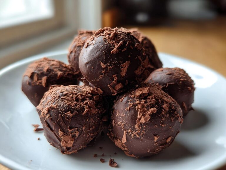 A pile of decadent, dark chocolate coated Oreo balls dusted with cocoa powder and chocolate shavings.