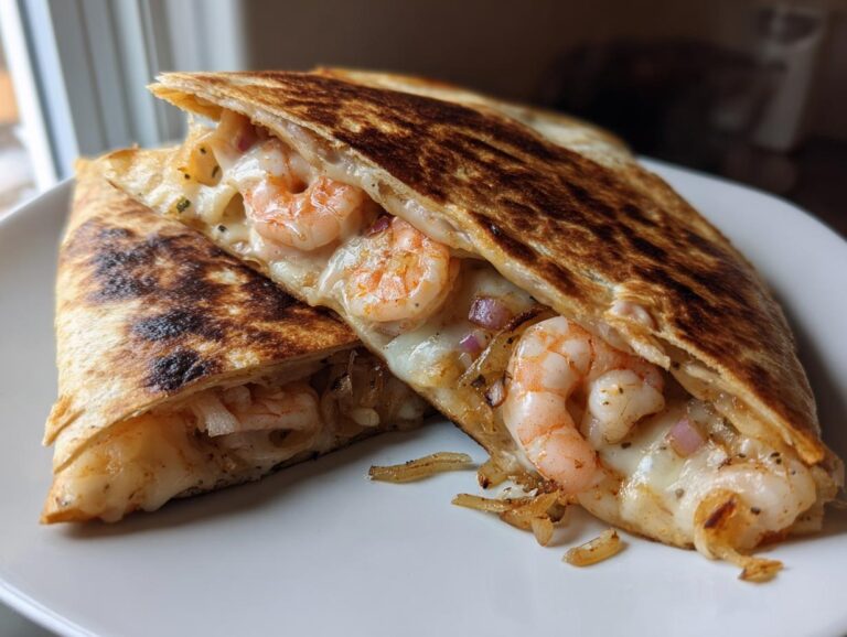 Close-up of a perfectly grilled shrimp quesadilla cut in half, showing melted cheese and plump shrimp filling.