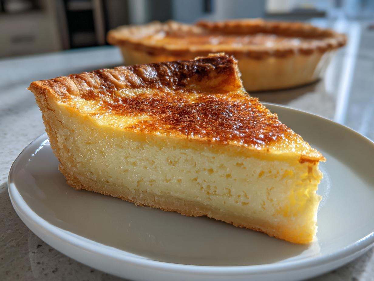 A close-up of a perfect slice of buttermilk pie showing the creamy filling and deeply browned top crust.