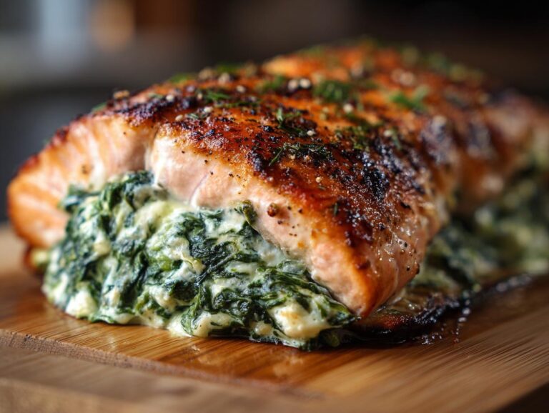 Close-up of a perfectly seared stuffed salmon fillet overflowing with creamy spinach filling.