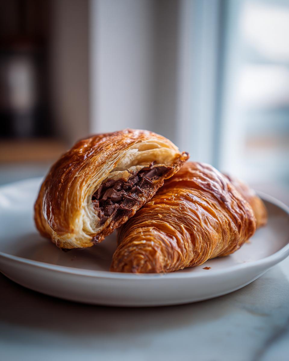 A flaky, golden-brown chocolate croissant cut in half, revealing rich melted chocolate chunks inside, resting on a white plate.