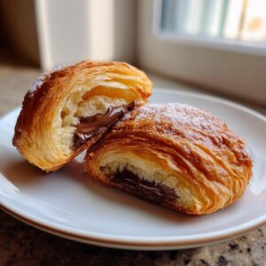 A flaky, golden brown chocolate croissant cut in half, revealing melted chocolate filling, dusted with sugar.