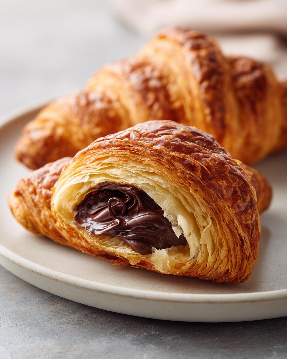 A close-up of a flaky, golden-brown chocolate croissant cut open to reveal rich, melted chocolate filling.