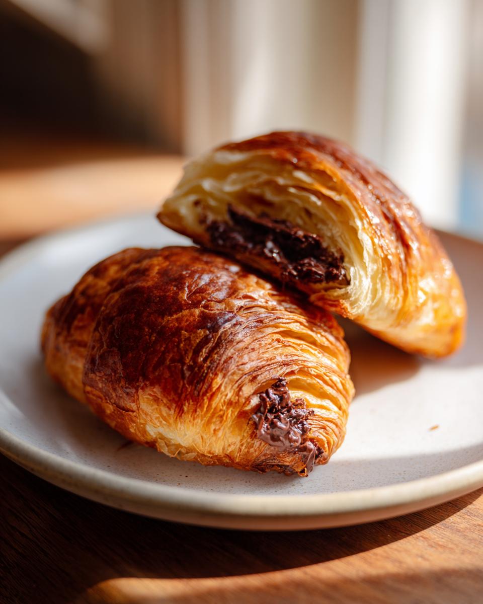 Two flaky, golden-brown chocolate croissant halves showing the rich, melted chocolate filling inside.