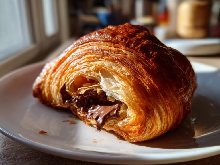A perfectly baked, flaky chocolate croissant with melted chocolate oozing out, served on a white plate.