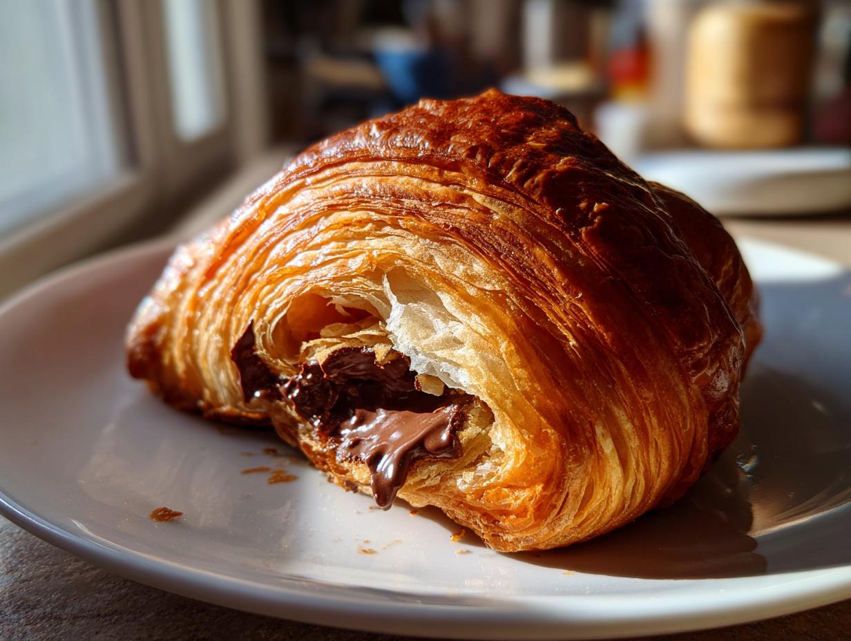 A perfectly baked, flaky chocolate croissant with melted chocolate oozing out, served on a white plate.