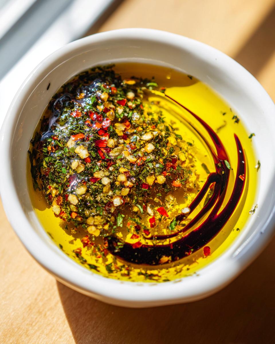Close-up of a white bowl containing olive oil bread dip with herbs, spices, and balsamic vinegar swirls.