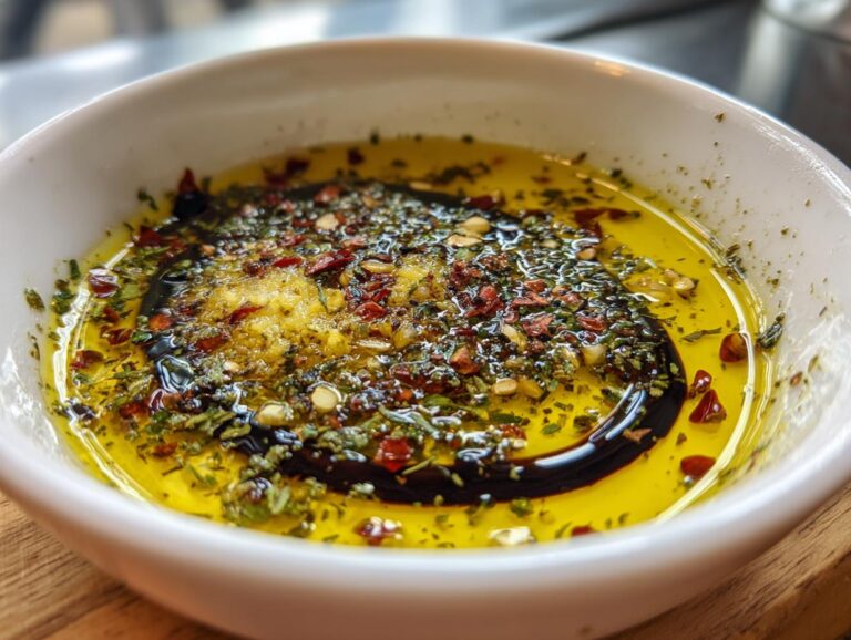 Close-up of a white bowl containing olive oil bread dip with balsamic vinegar, garlic, herbs, and red pepper flakes.