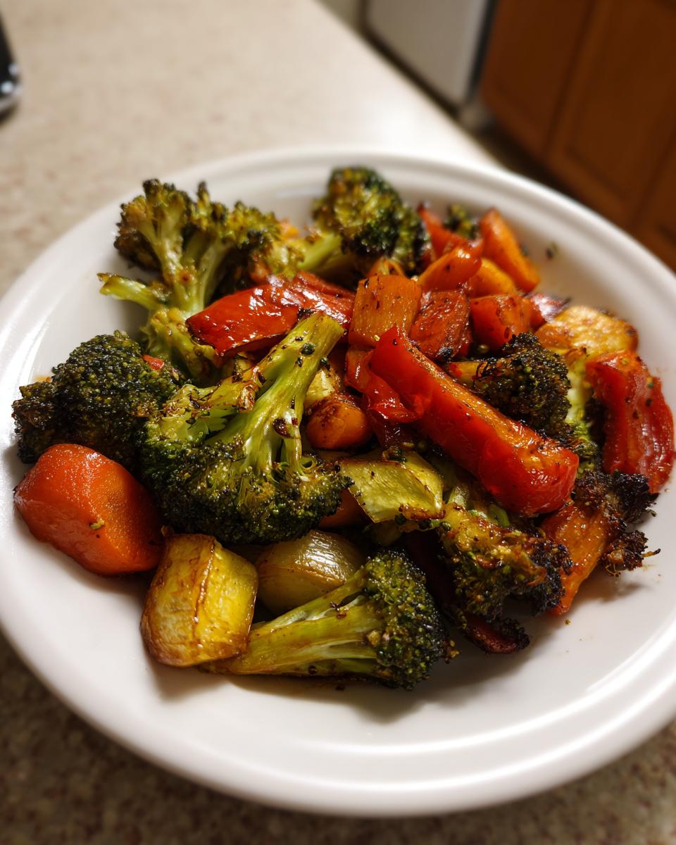 Close-up of perfectly roasted vegetables including broccoli, carrots, red peppers, and onions served in a white bowl.