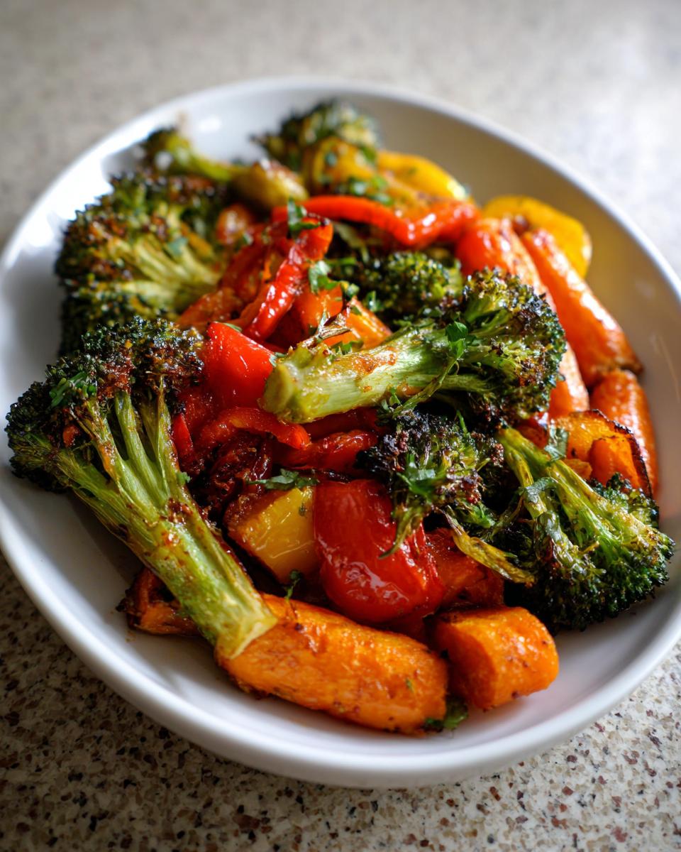 Close-up of perfectly charred roasted vegetables including broccoli florets, carrots, and bell peppers in a white serving bowl.