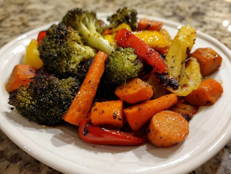 Close-up of colorful roasted vegetables, including charred broccoli, bright orange carrots, and red/yellow peppers, seasoned and served.