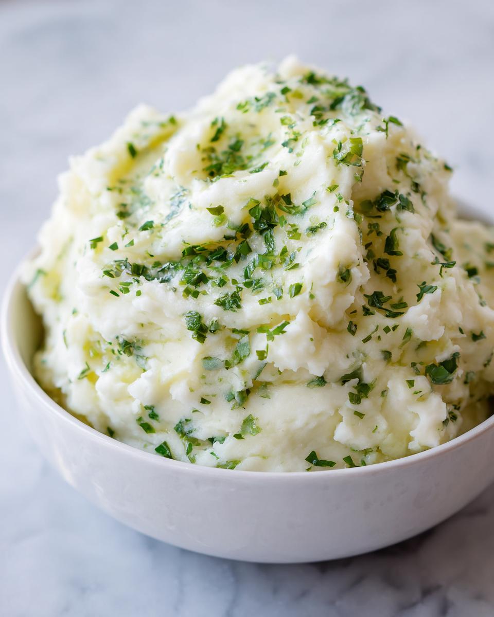 Close-up of a white bowl filled with creamy Boursin mashed potatoes topped generously with fresh chopped parsley.