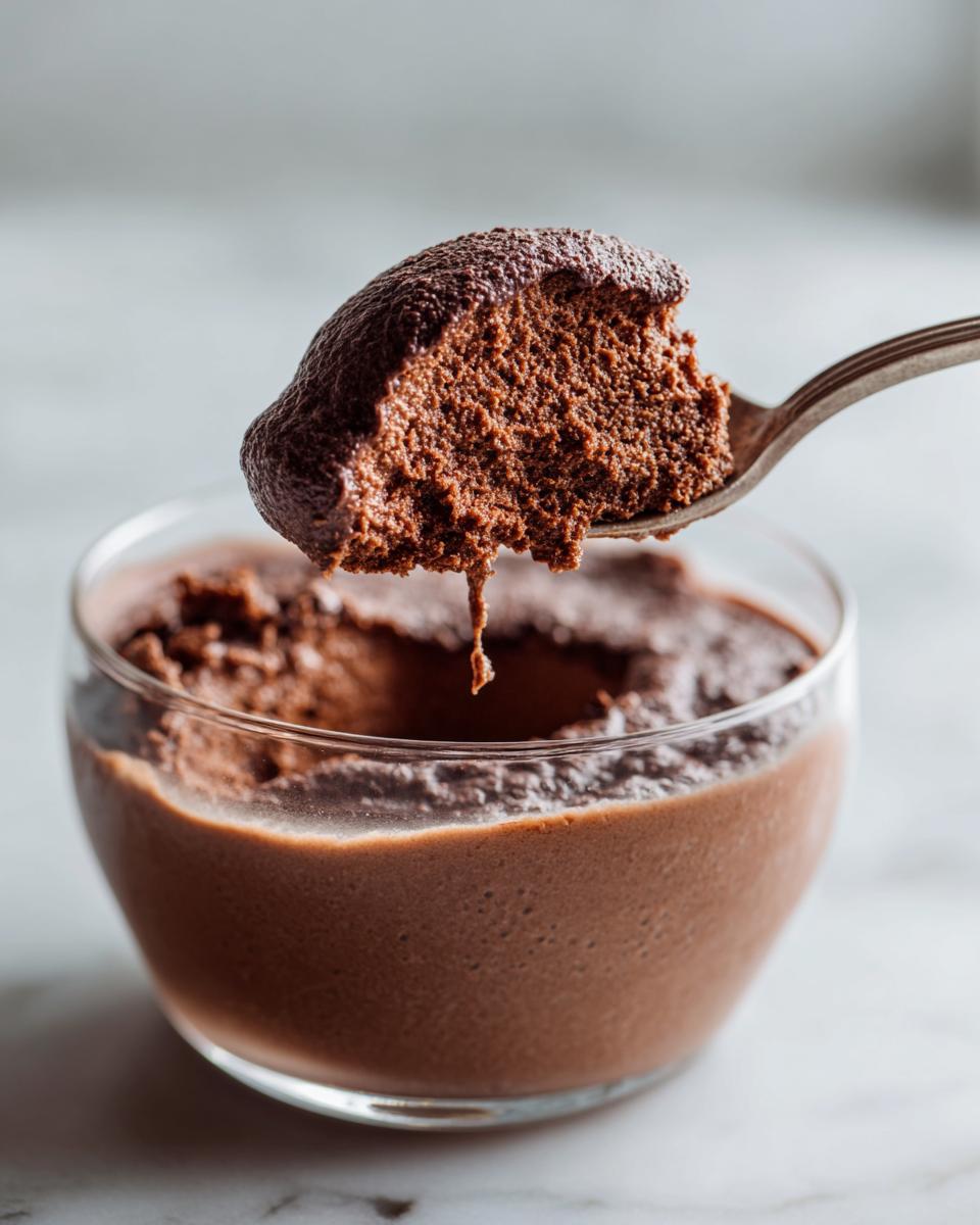 A spoonful of rich, airy chocolate mousse being lifted from a glass serving dish.
