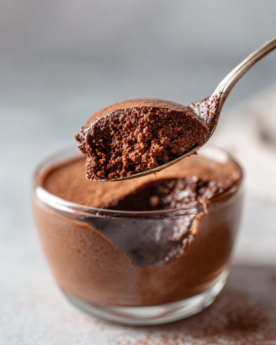 A spoonful of rich, airy chocolate mousse being lifted from a glass serving dish.