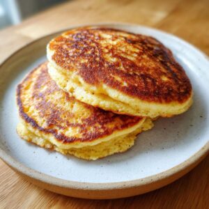 A stack of two golden-brown, fluffy coconut flour pancakes on a light ceramic plate.
